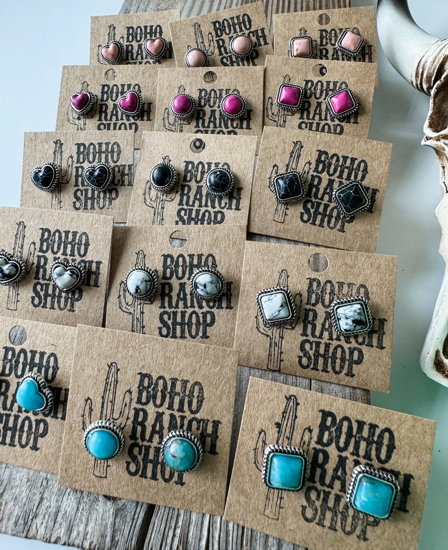Boho Ranch Shop - Western Mini Stone Stud Earrings - Heart Square Circle Bar: SQUARE - WHITE