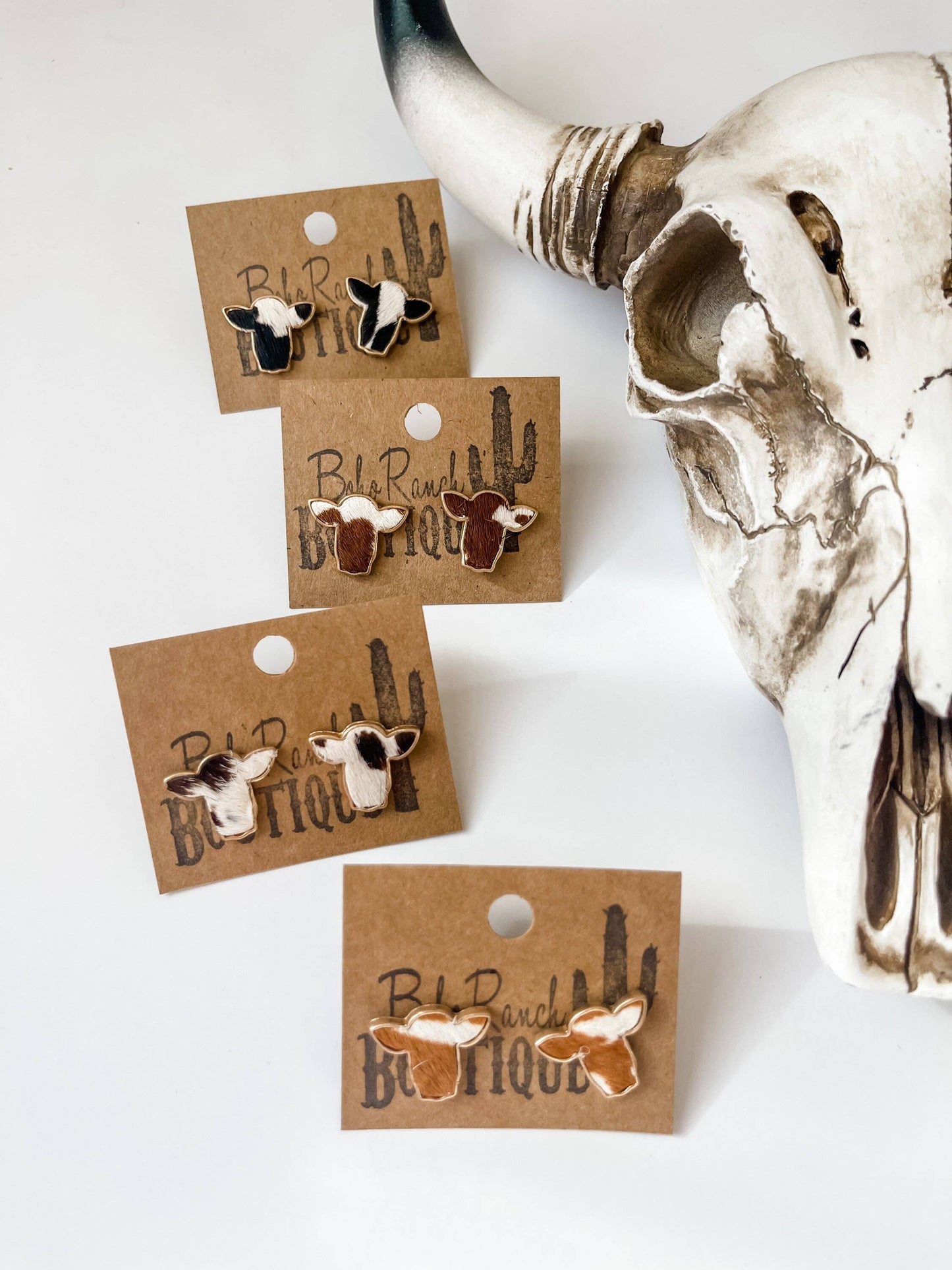 Boho Ranch Shop - Steer Head Cowhead Cowhide Stud Earrings: BLACK + WHITE