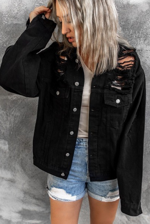 Distressed Buttons Chest Pockets Den