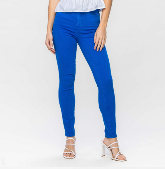 Judy Blue High Waist Tummy Control Garment Dyed Skinny Jeans in Cobalt, featuring an 11" front rise and 29" inseam, made from a comfortable blend of 93% cotton, 6% polyester, and 1% spandex.