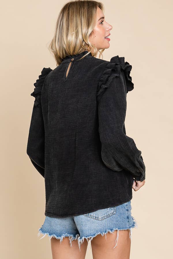 bakc side view of Black Mineral Wash Ruffled Sleeve Top with Long Sleeves and Romantic Ruffle Detail
