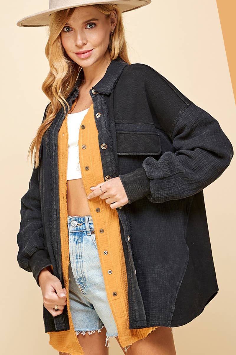 side view of Black Mineral Wash Oversized Shacket in Cotton Gauze with Casual Style