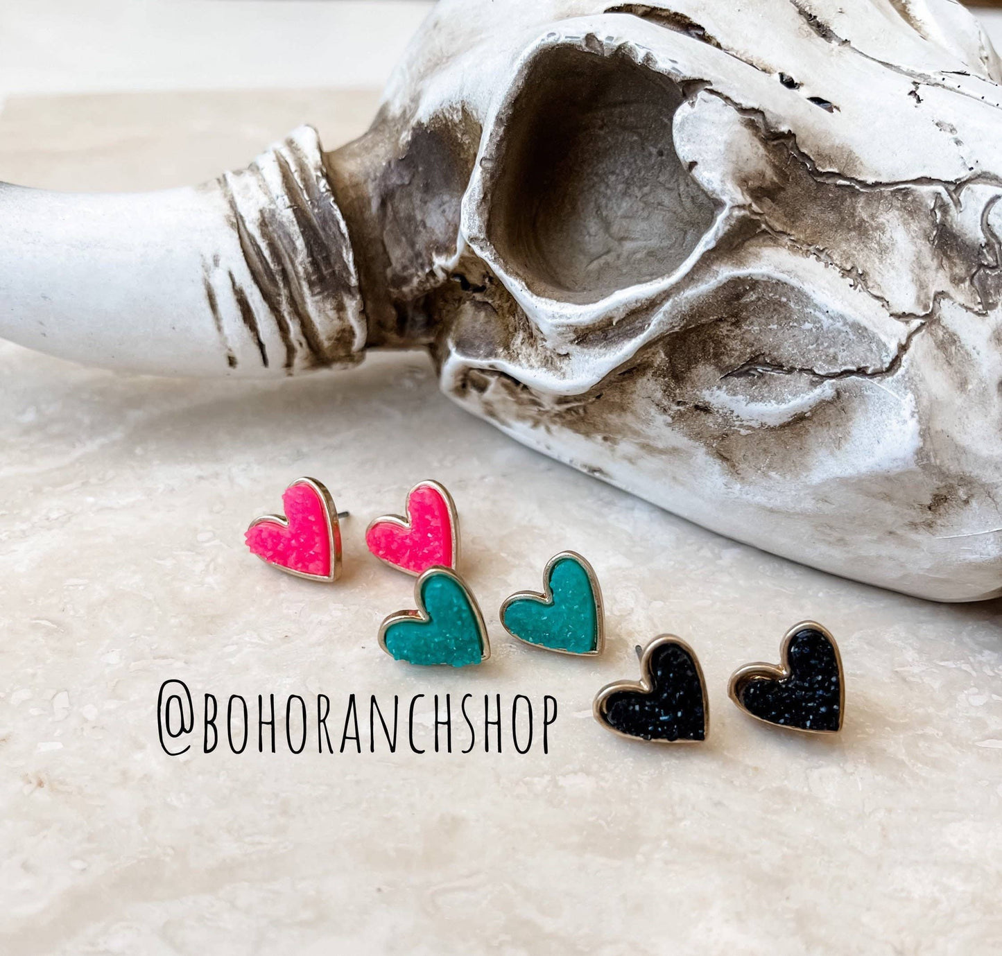Boho Ranch Shop - Mini Druzy Heart Earrings: Black