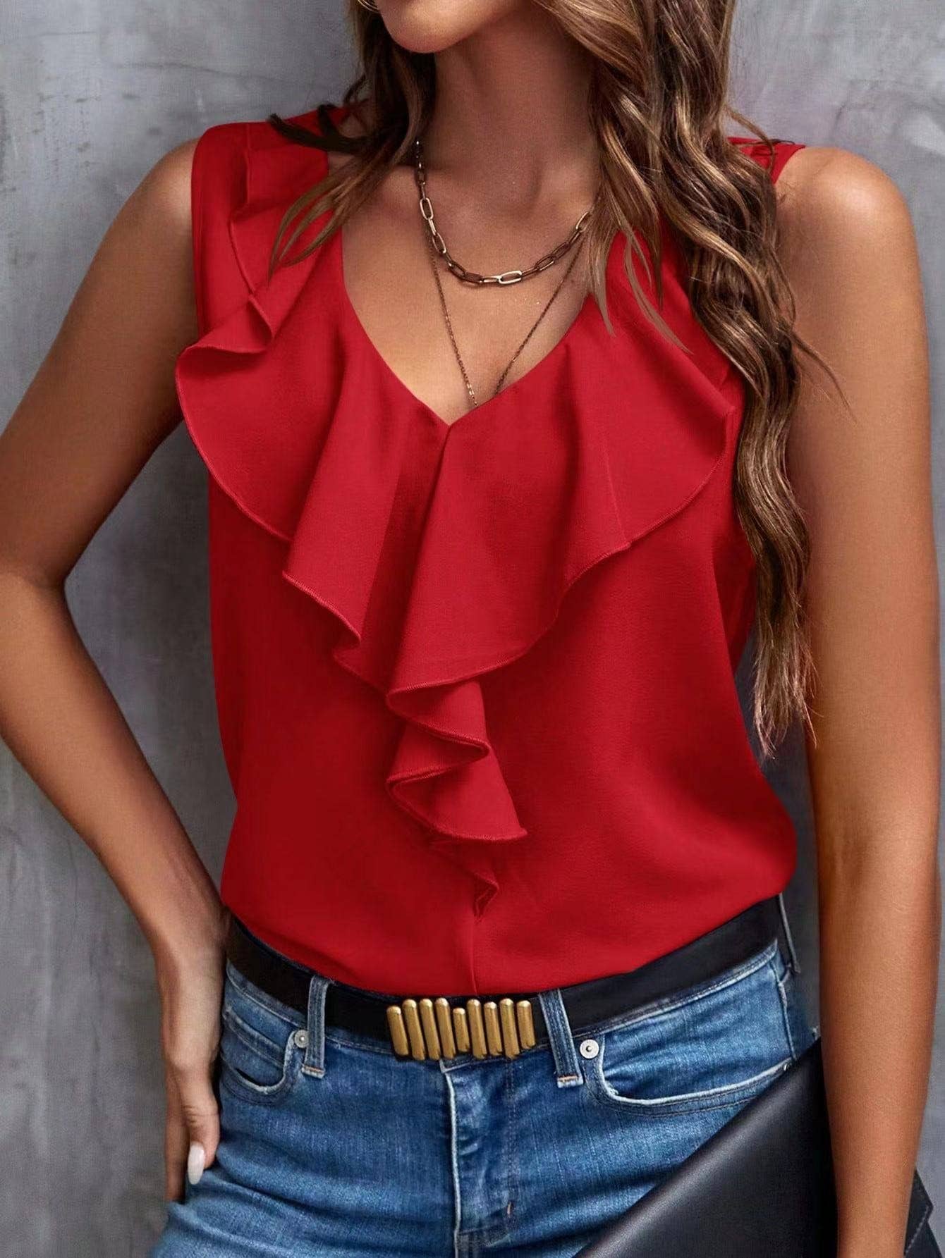 Miss Sparkling - V-neck ruffle trip top: XL / Magenta