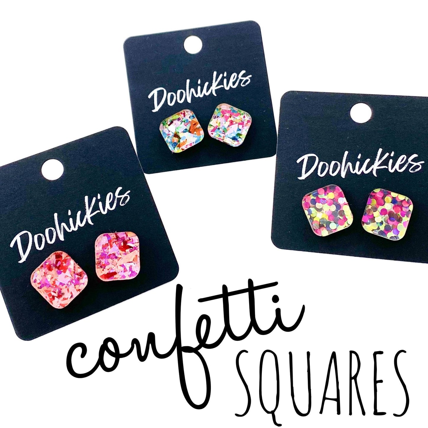 Doohickies - 14mm Confetti Square Studs- Spring Acrylic Earrings: Pink Party
