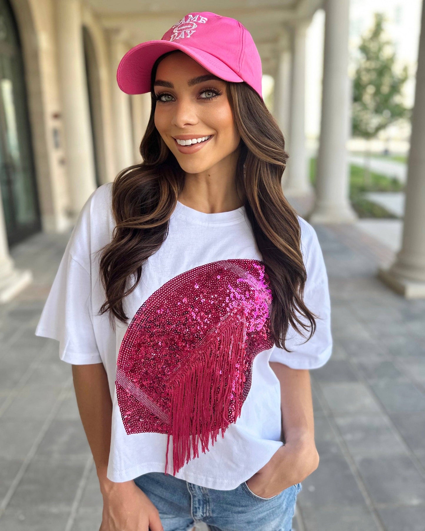 Pink Cotton Embroidered “GAME DAY” Football Cap