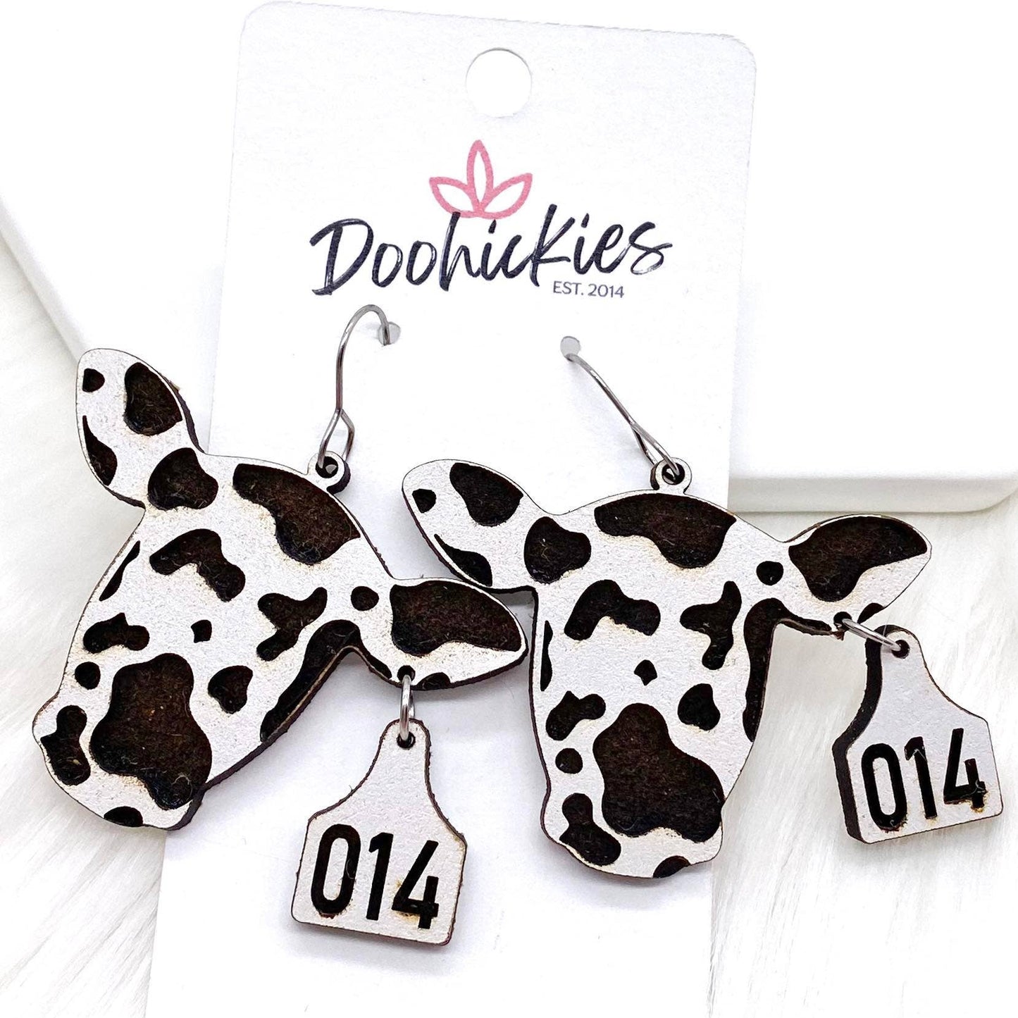 Doohickies - 1.5" Wooden Cow Head & Tag -Western Earrings