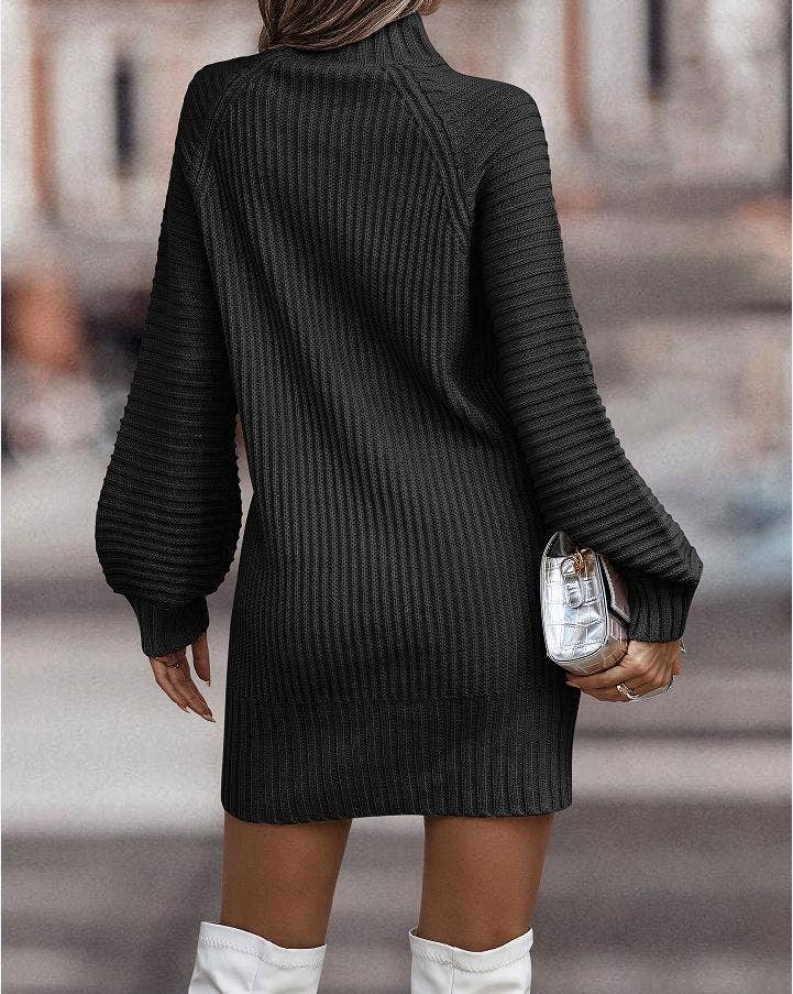 Knit Long Sleeve Mock Neck Sweater Dress: Olive