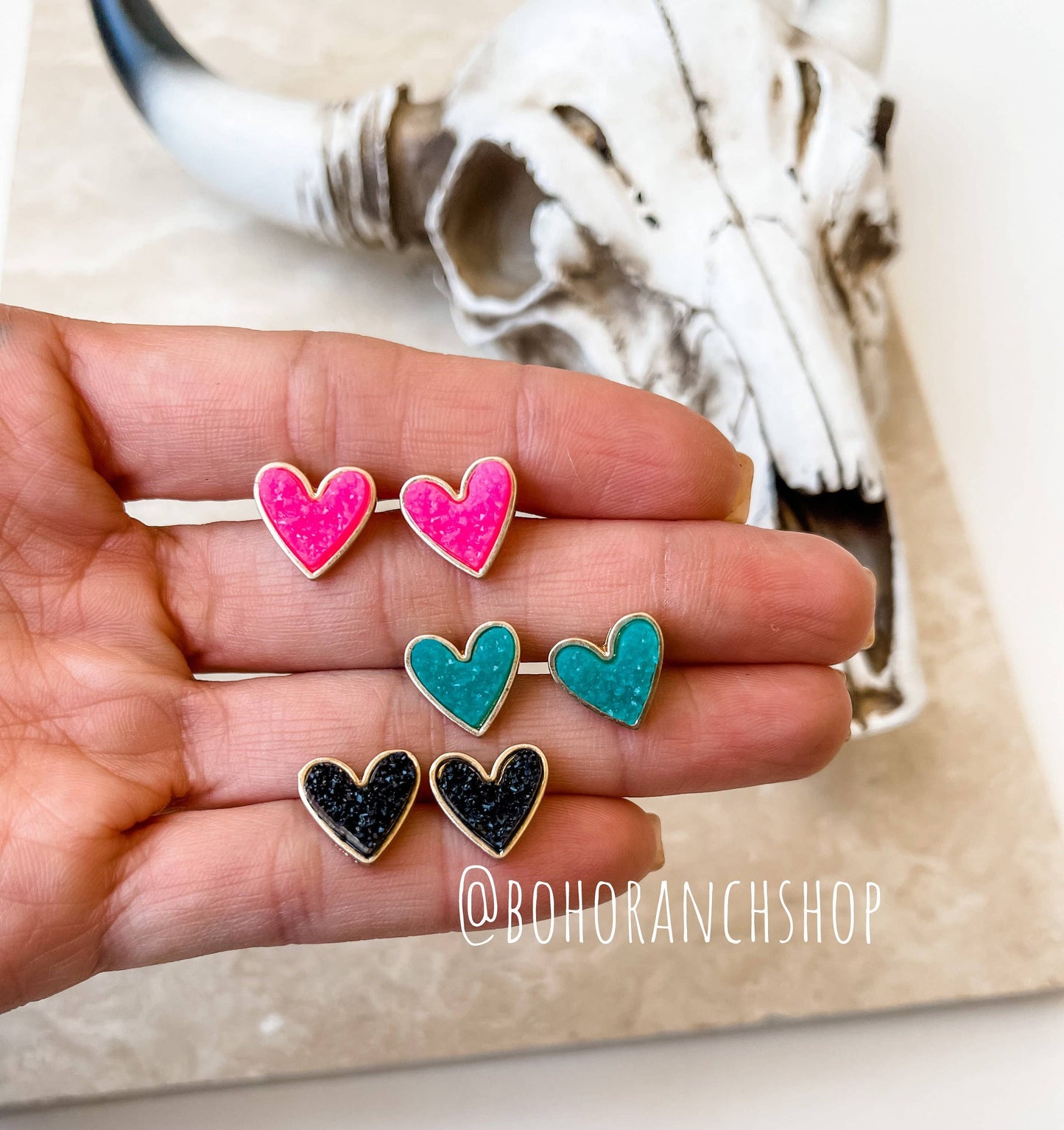 Boho Ranch Shop - Mini Druzy Heart Earrings: Black