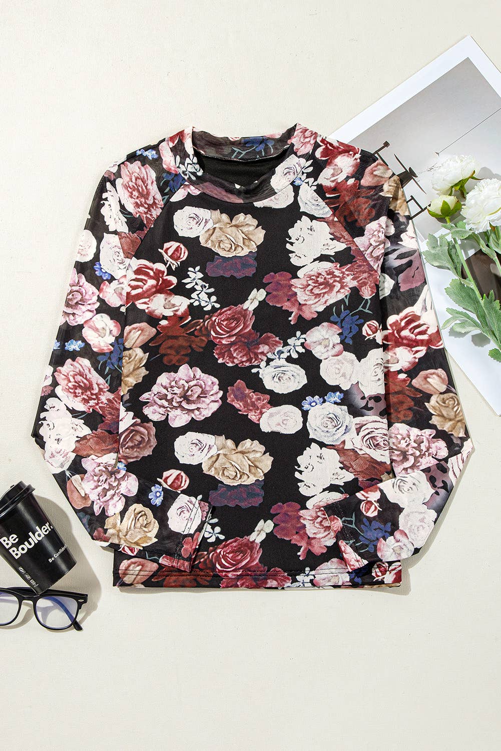 Mesh Floral Print Mock Neck Long Sleeve Slim Top