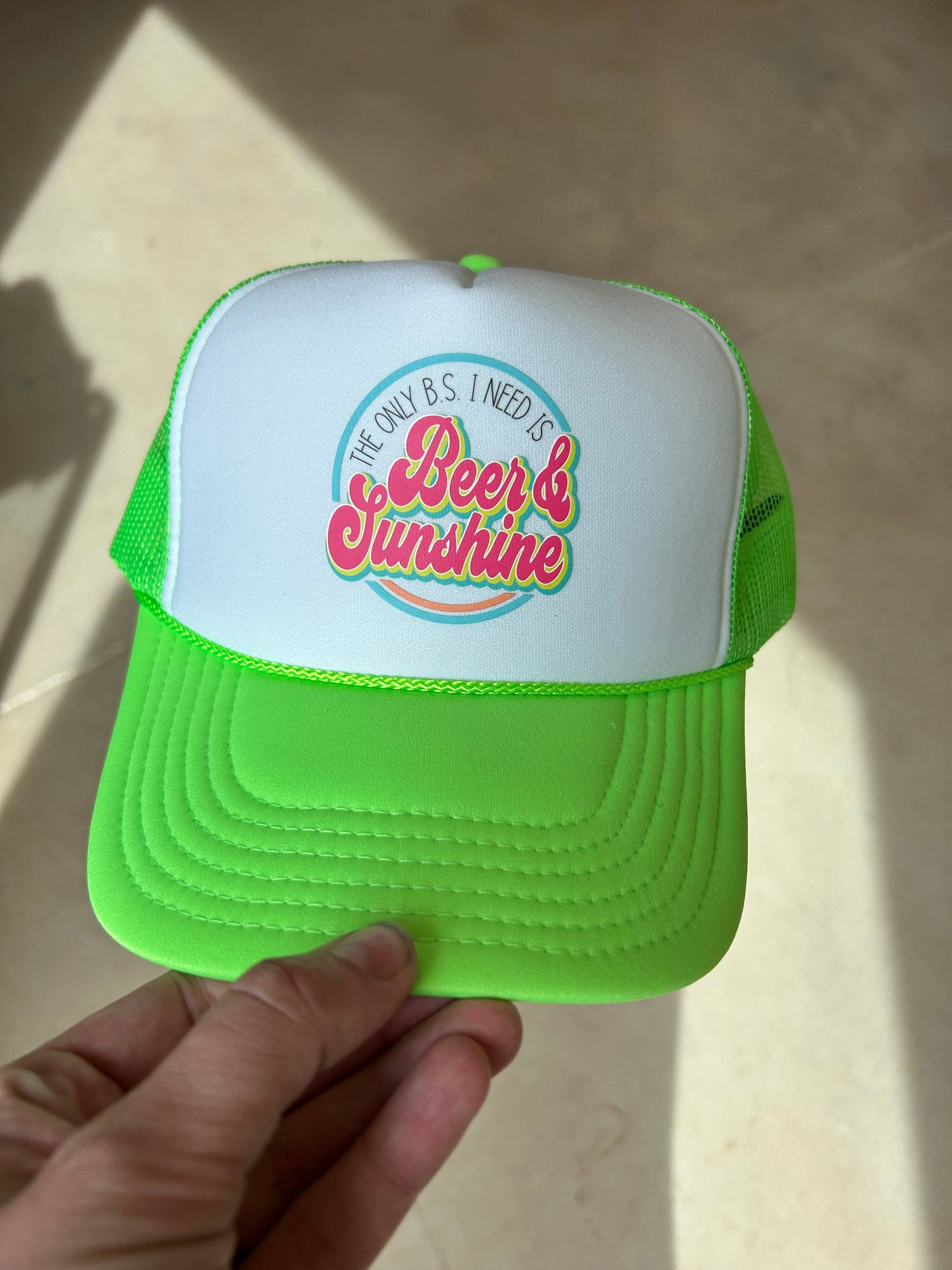 Vibes Hat Company - Beer & Sunshine Trucker: White & Neon Pink Foam