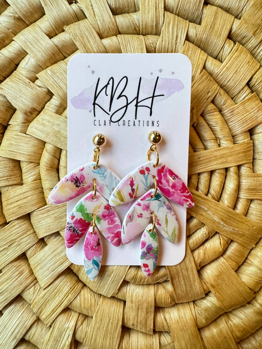 KBH CREATIONS - Pink Floral Leaf Dangle Clay Earrings