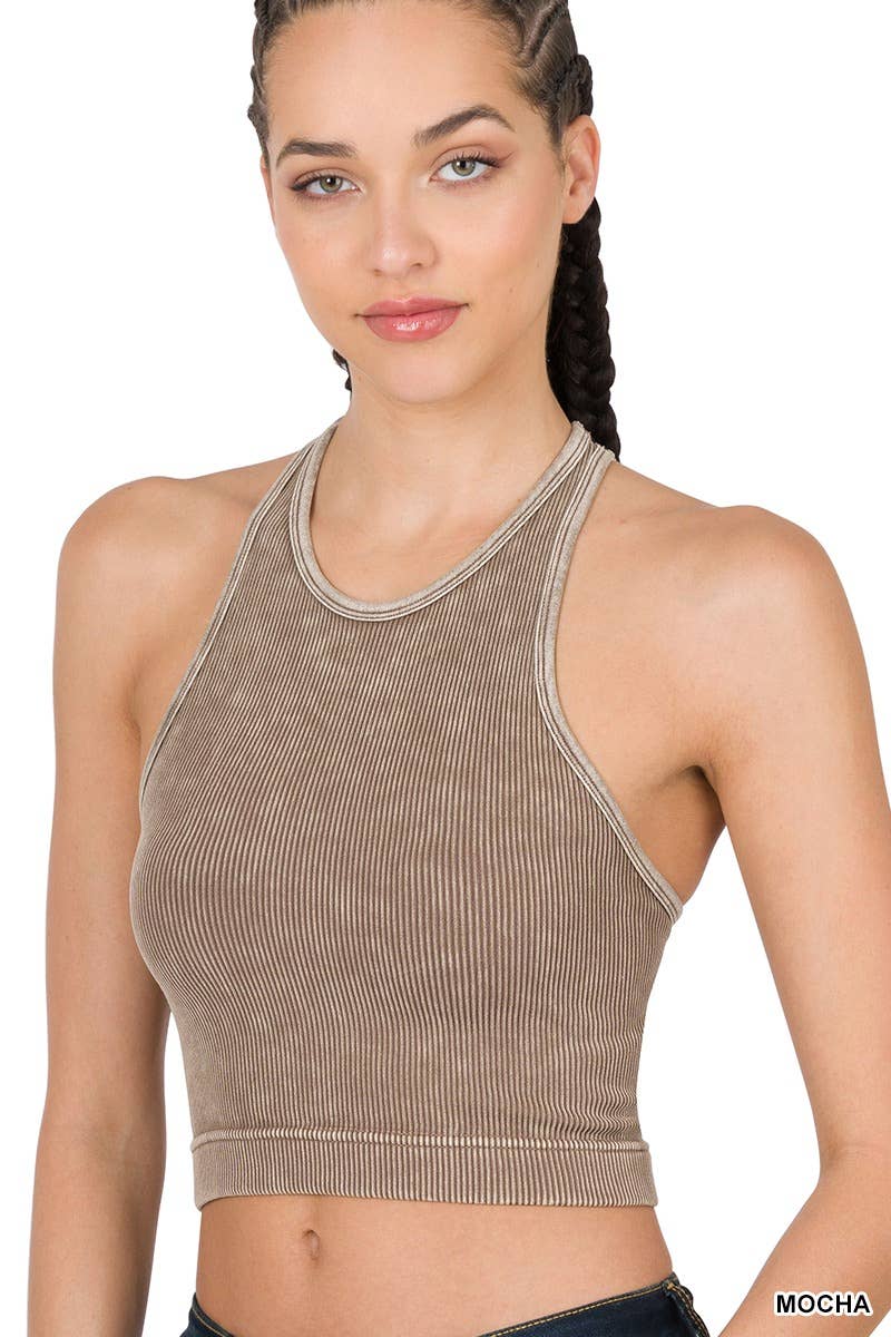 brown view of Coral Fuchsia Washed Ribbed Seamless High-Neck Racerback Crop Tank Top