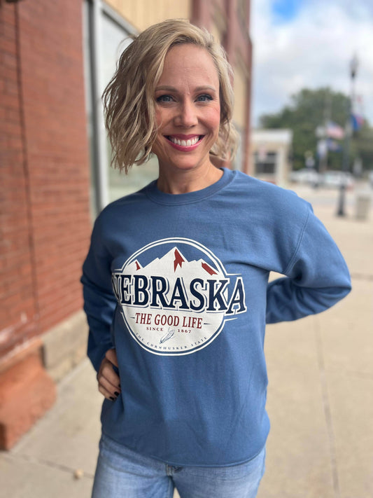 Nebraska The Good Life Mountain Design Sweatshirt: