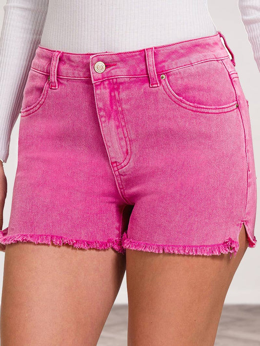 Acid Washed Frayed Cutoff Hem Shorts: HOT PINK