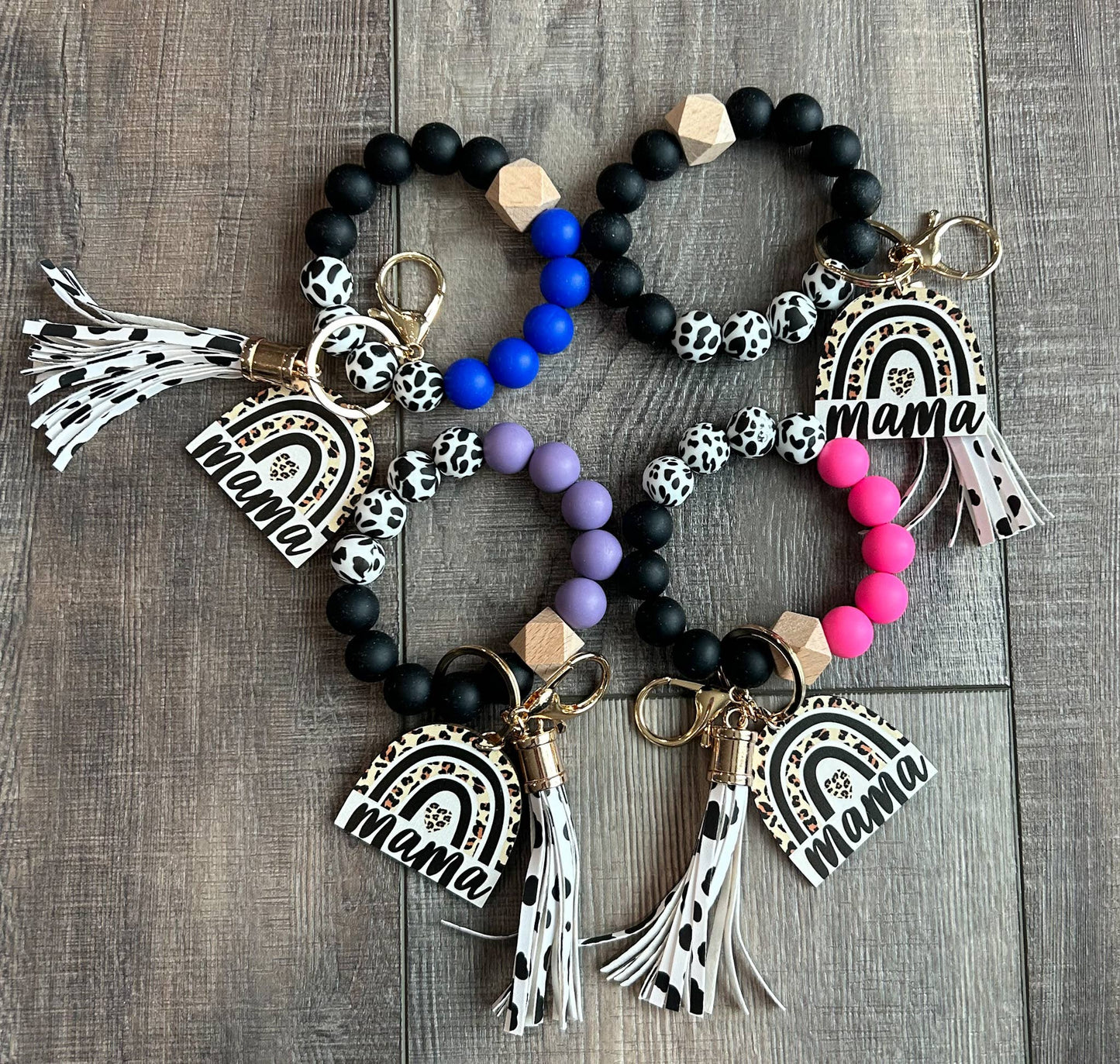 JILLIAN INK LLC - Mama Leopard Rainbow Silicone Beaded Keychain Wristlet: Blue