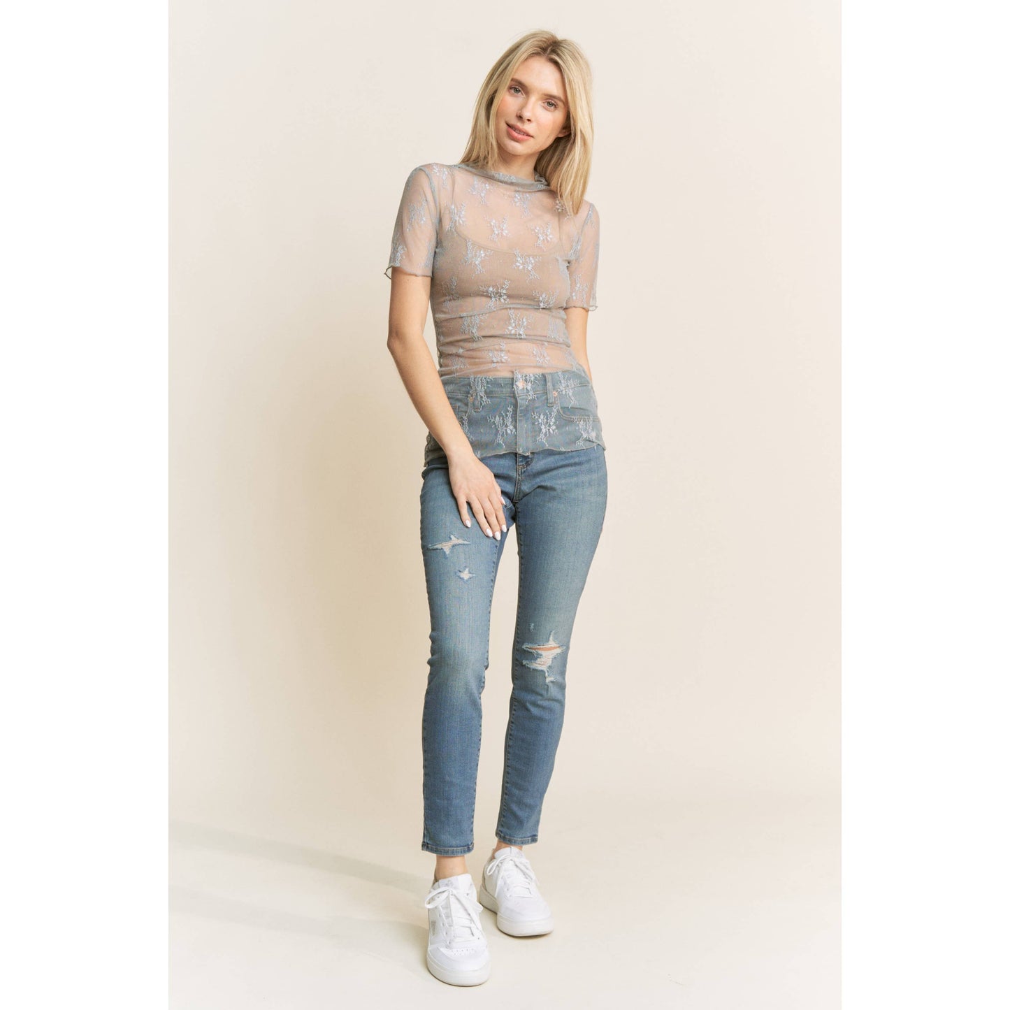MESH LACE HIGH NECK DESIGN SHORT SLEEVE FITTED TOP