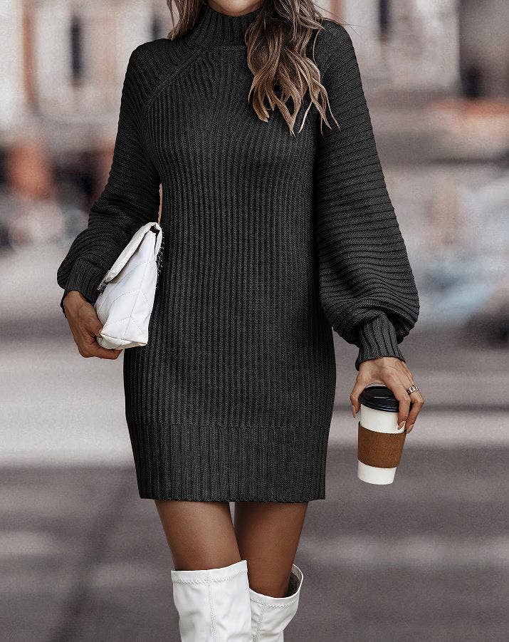 Knit Long Sleeve Mock Neck Sweater Dress: Olive