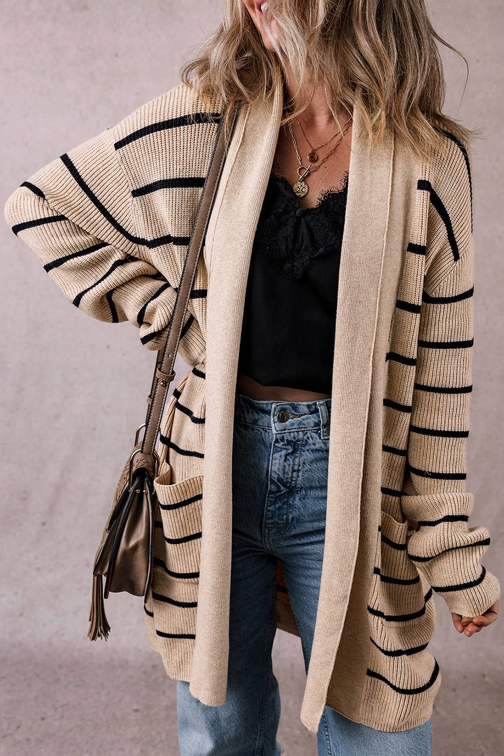 Stripe Pattern Open Front Cardigan with Side Pockets :