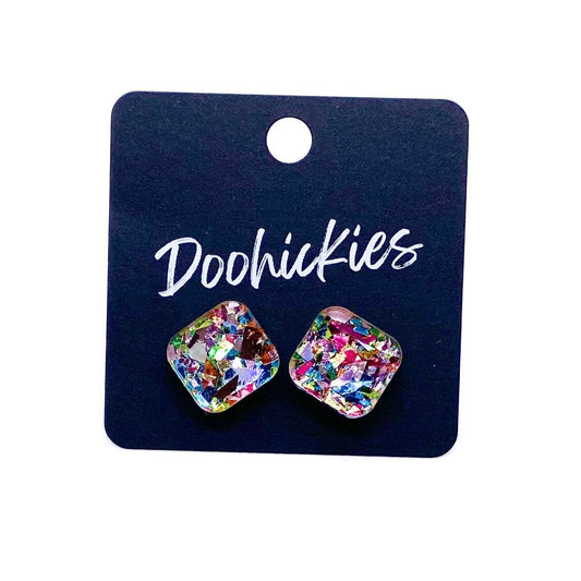 Doohickies - 14mm Confetti Square Studs- Spring Acrylic Earrings: Teal Party