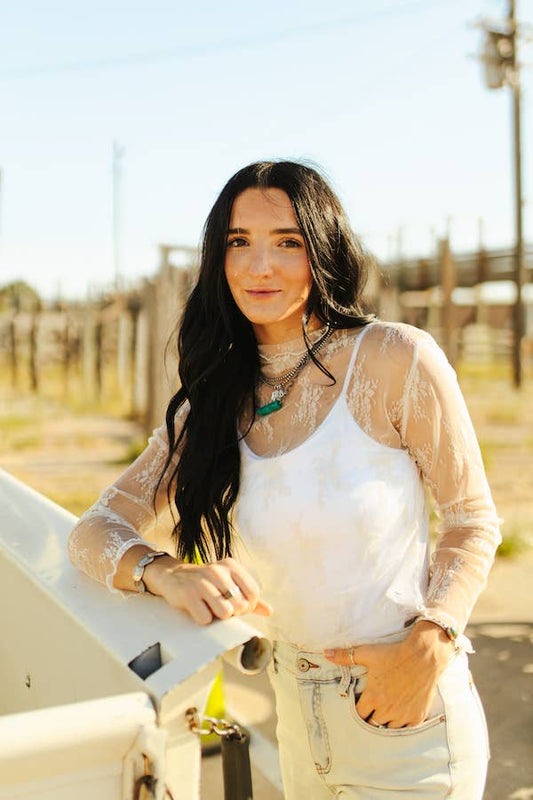 Ivory Mesh Long Sleeve Stretch Top:
