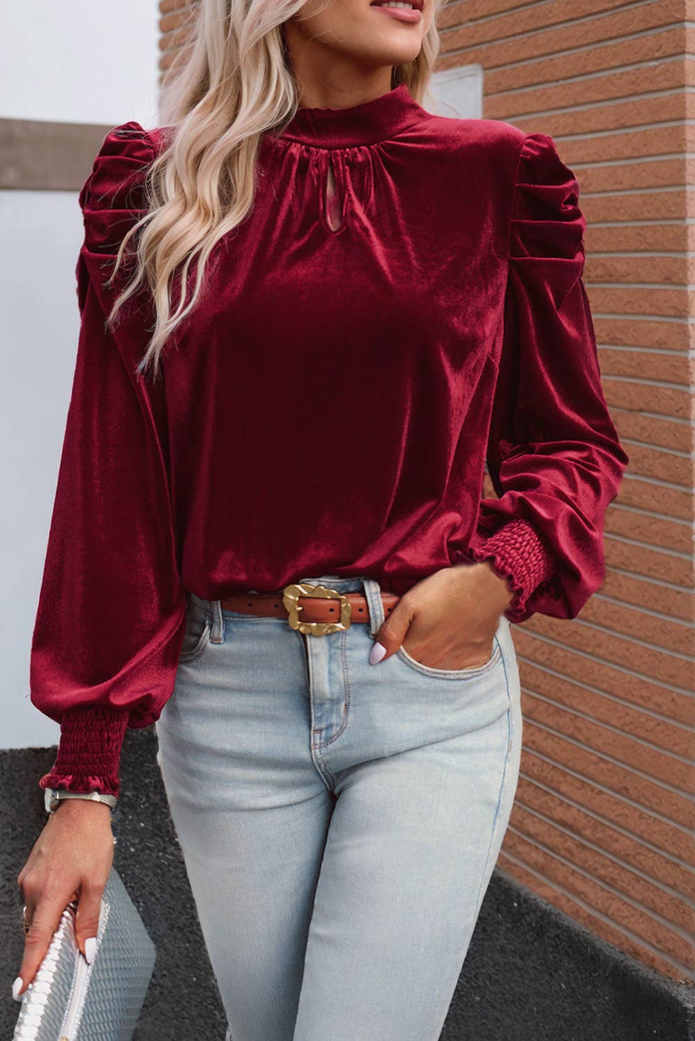 styled view of Red Neck Puff Sleeve Velvet Blouse with Long Sleeves and Knot Detail