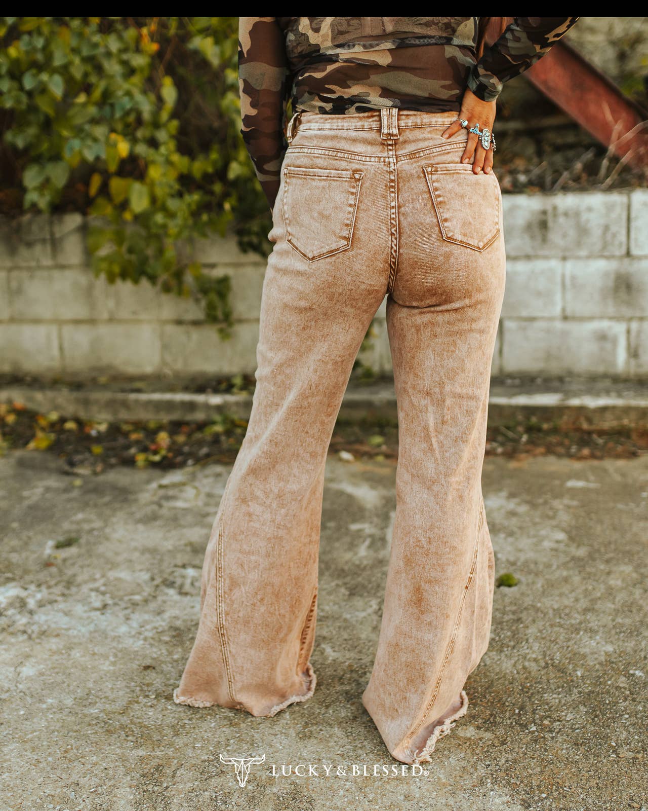 Camel Mineral Wash Tummy Control Distressed Flare Jeans