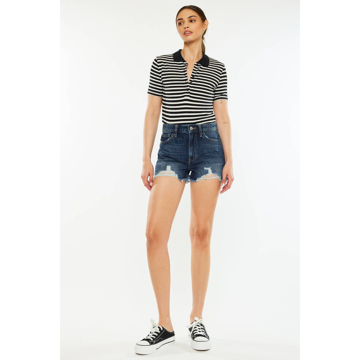 zoomed out front view of Kan Can USA high rise mom shorts with dark stone wash and raw frayed hem