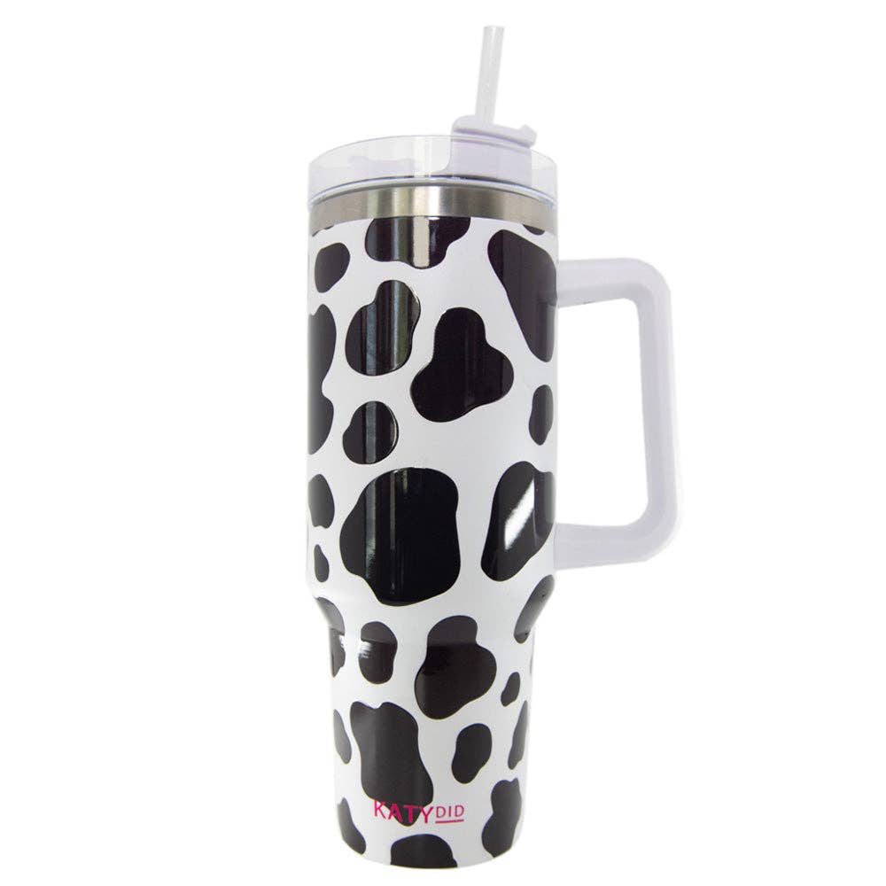 Katydid - Black/White Cow Print Tumbler Cup with Handle: White
