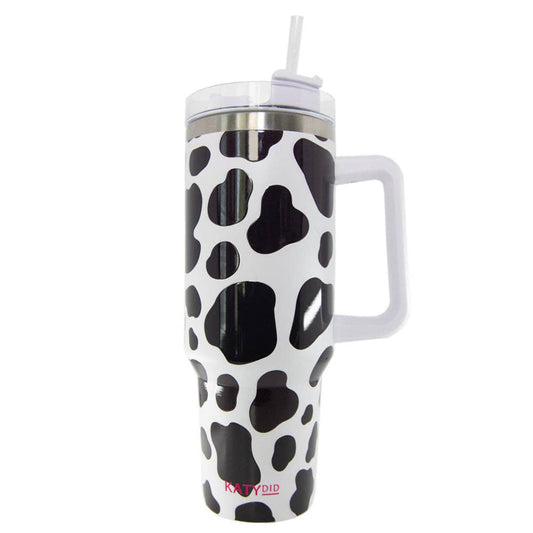 Katydid - Black/White Cow Print Tumbler Cup with Handle: White
