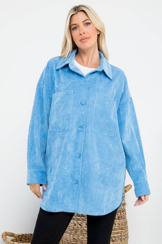 Oversized 4 Pockets Corduroy Shacket: Blue / L