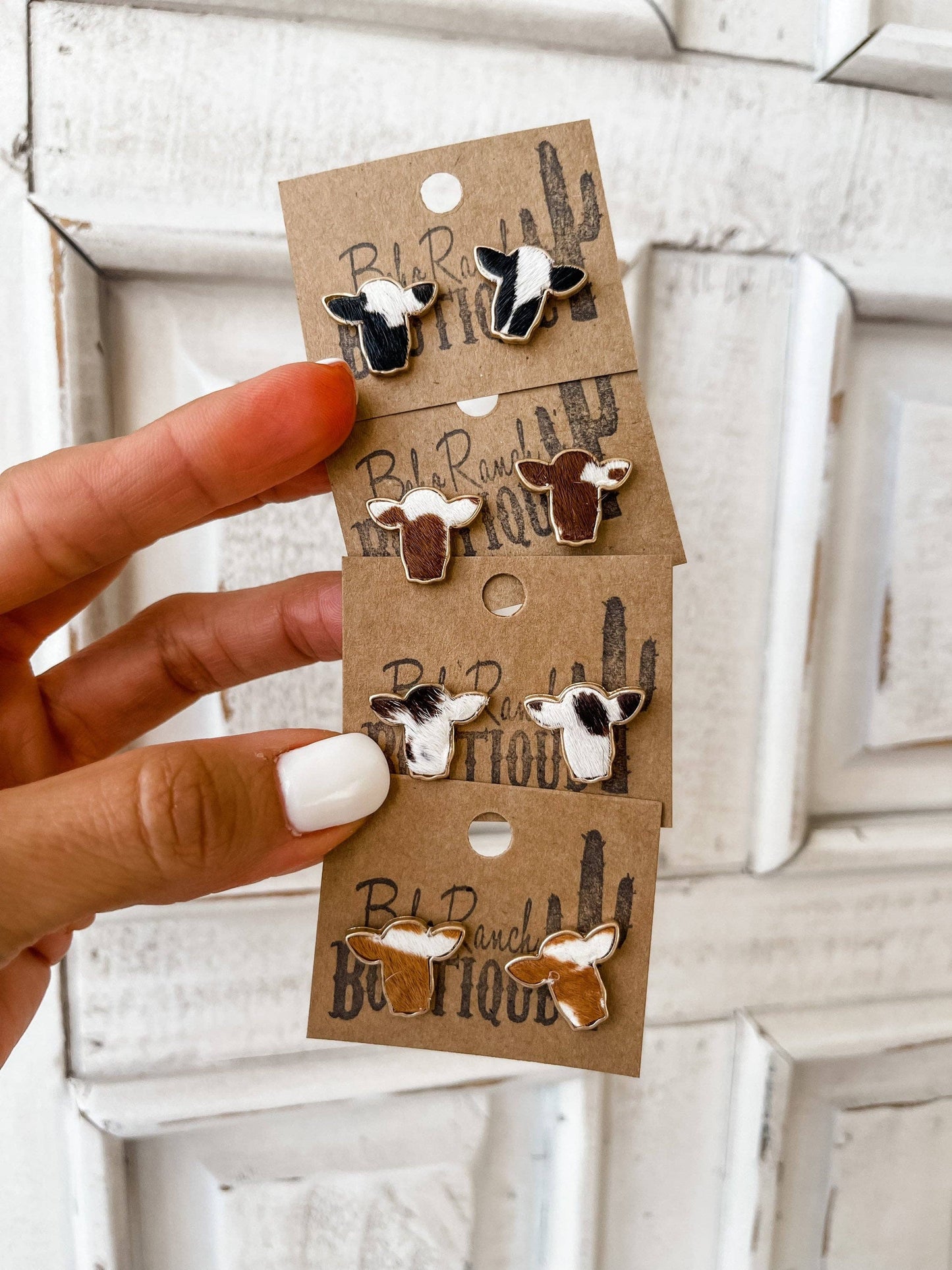 Boho Ranch Shop - Steer Head Cowhead Cowhide Stud Earrings: BLACK + WHITE