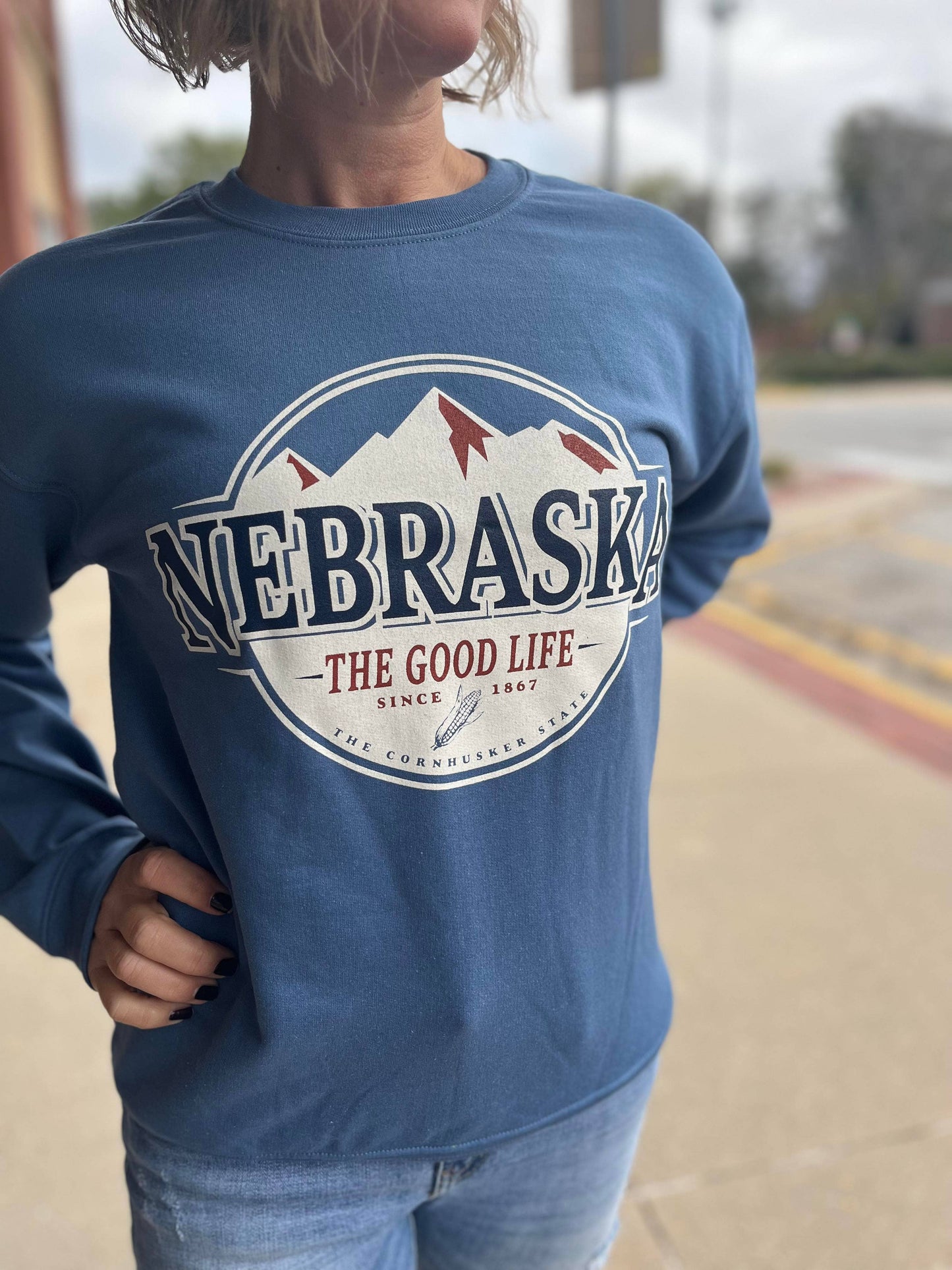 Nebraska The Good Life Mountain Design Sweatshirt: