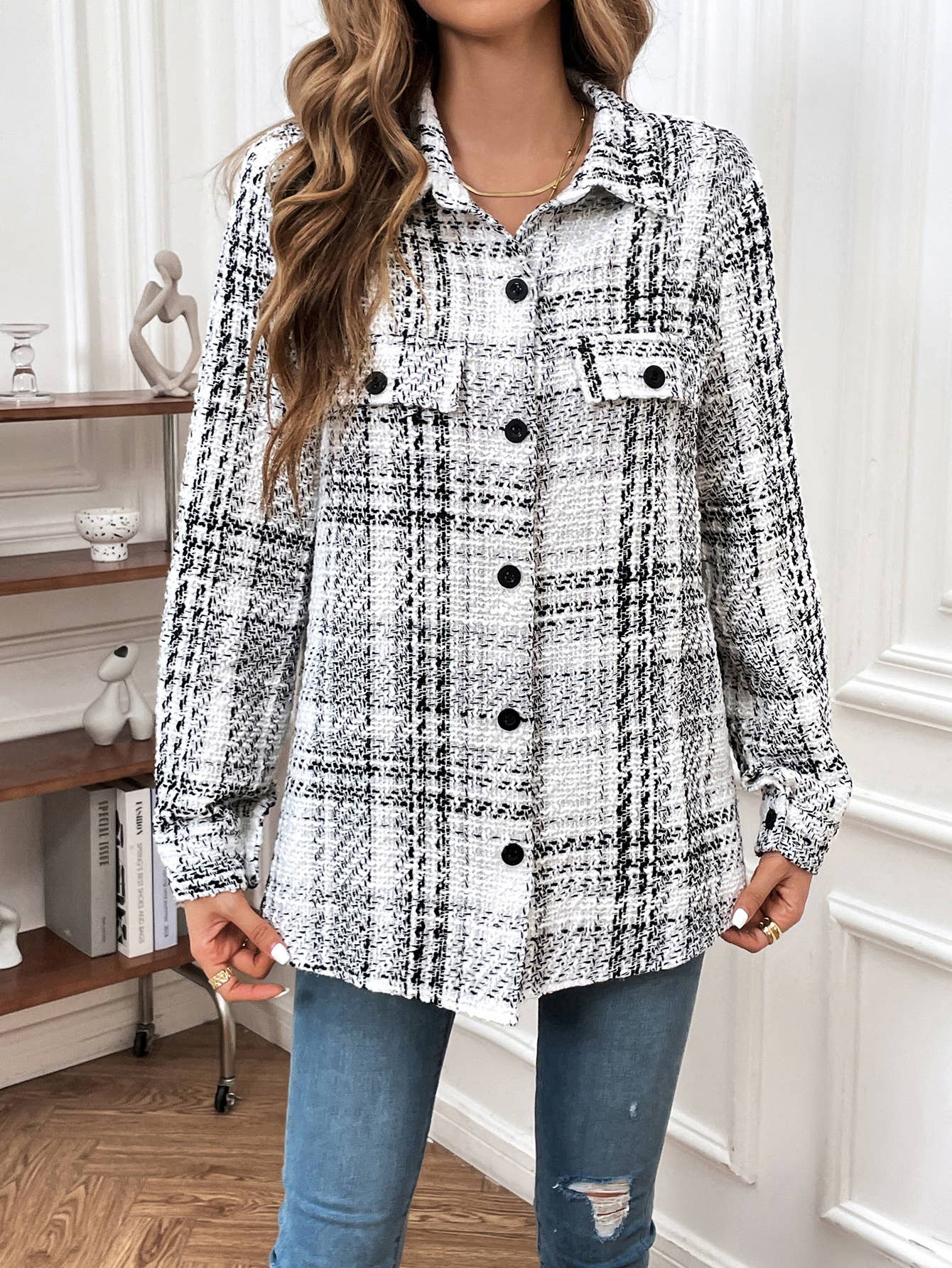 Retro plaid loose casual top jacket: