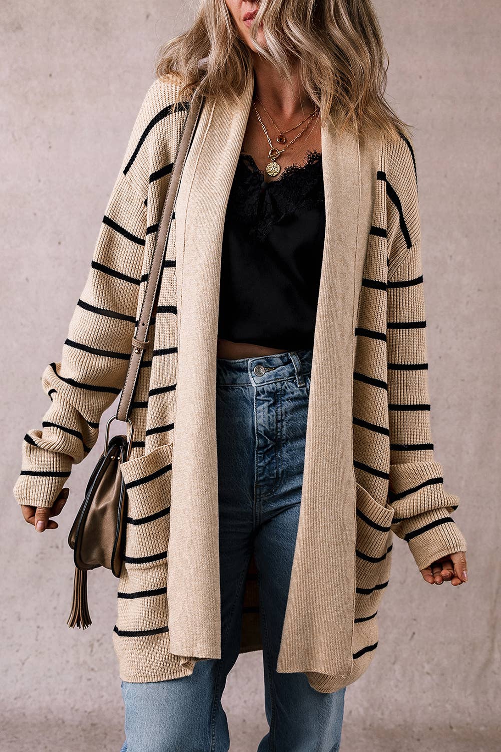Stripe Pattern Open Front Cardigan with Side Pockets :