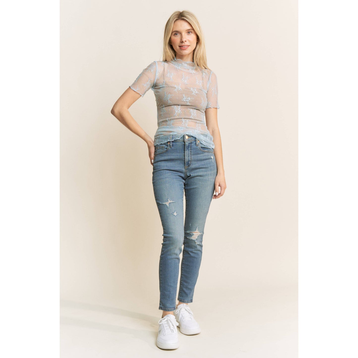MESH LACE HIGH NECK DESIGN SHORT SLEEVE FITTED TOP