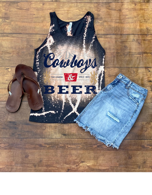 Cowboys & Beer bleached graphic tank with ribbed binding