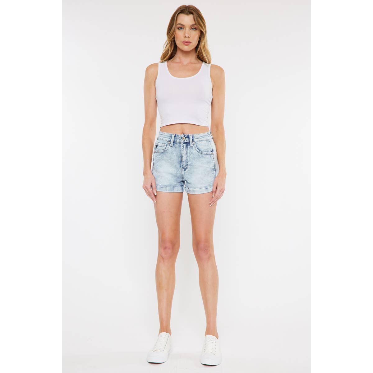 front view of Kan Can USA high rise mom denim shorts in light stone wash with side contrast panel