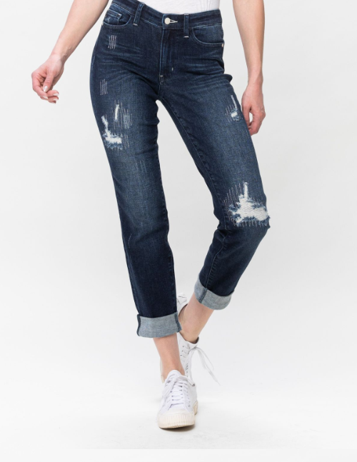 Judy Blue Mid Rise Stitched Destroy & Double Cuff Boyfriend Jeans with a 9 1/2" front rise, available in 28" cuffed and 32" uncuffed, made from 93% cotton, 6% polyester, and 1% spandex.