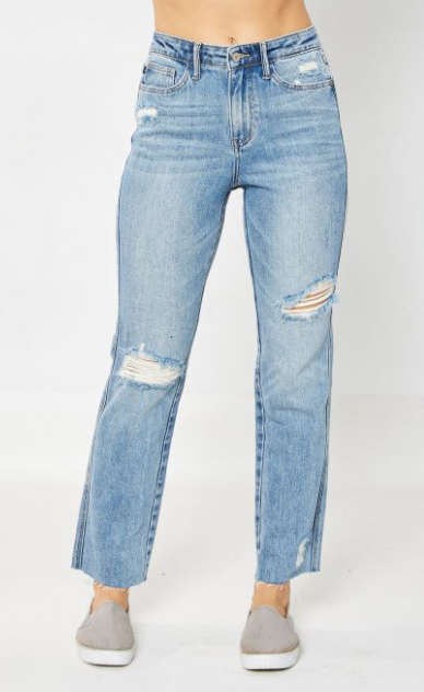 Judy Blue High Waist Rigid Magic Destroy Straight Jeans with a 100% cotton front and a back panel made of 94% cotton, 5% polyester, and 1% spandex.