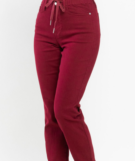 High Waist Pull On Double Cuff Jogger in Scarlet, made with 93% cotton, 6% polyester, and 1% spandex, featuring an 11" front rise and 28"/31" inseam options.