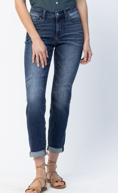 Judy Blue Basic Cuffed Slim Fit Jeans with a 9 3/4" rise, available cuffed or uncuffed, made with 93% cotton, 6% polyester, and 1% spandex.