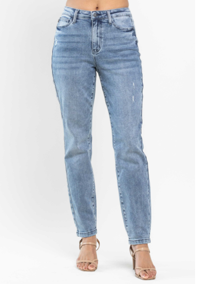 Judy Blue High Waist Vintage Mild Destroy Slim Jeans with an 11" front rise and 29" inseam, made from 94% cotton, 5% polyester, and 1% spandex.