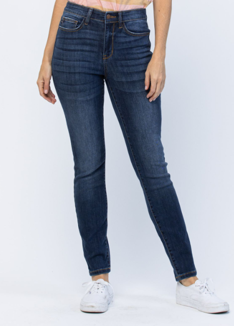 Judy Blue Hi-Rise Clean Relaxed Fit Jeans with a 10.5" front rise and 29" inseam, made from 66% cotton, 21% polyester, 11% rayon, and 2% spandex.