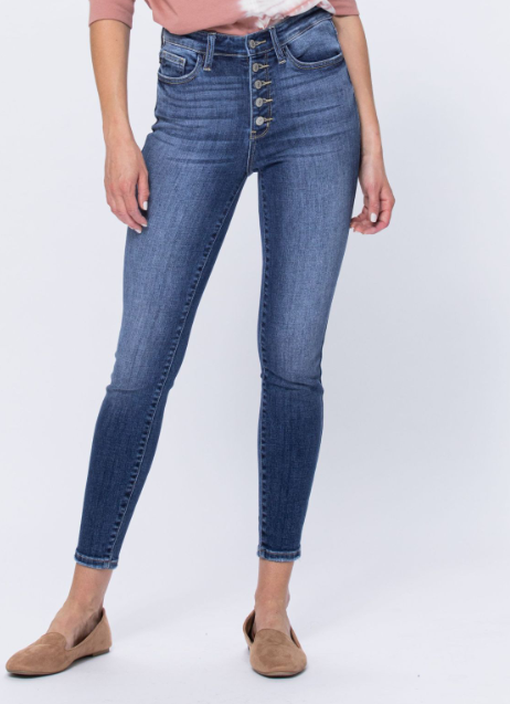Judy Blue Hi-Rise Button Fly Skinny Jeans with a 10.5" front rise and 28.5" inseam, made from 93% cotton, 6% polyester, and 1% spandex.