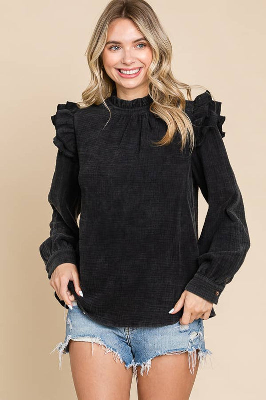 Black Mineral Wash Ruffled Sleeve Top with Long Sleeves and Romantic Ruffle Detail
