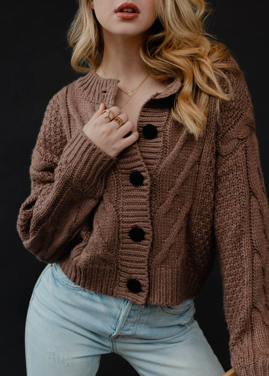 Brown Cropped Cardigan with Button Closure and Cable Knit Design