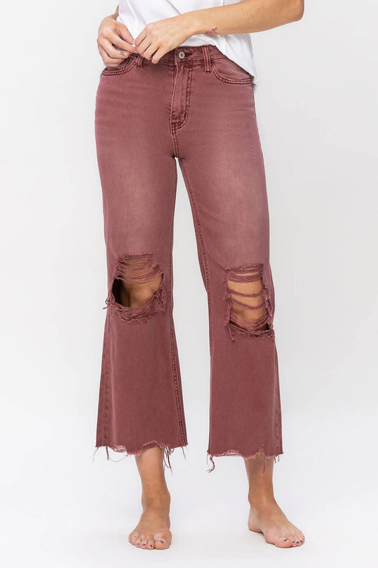 Vervet by Flying Monkey 90s Vintage Crop Flare Jeans, made from non-stretch denim with distressed details, high waist, relaxed legs, and cropped flare design. Features a 11.5" front rise, 27" inseam, and 20" leg opening.