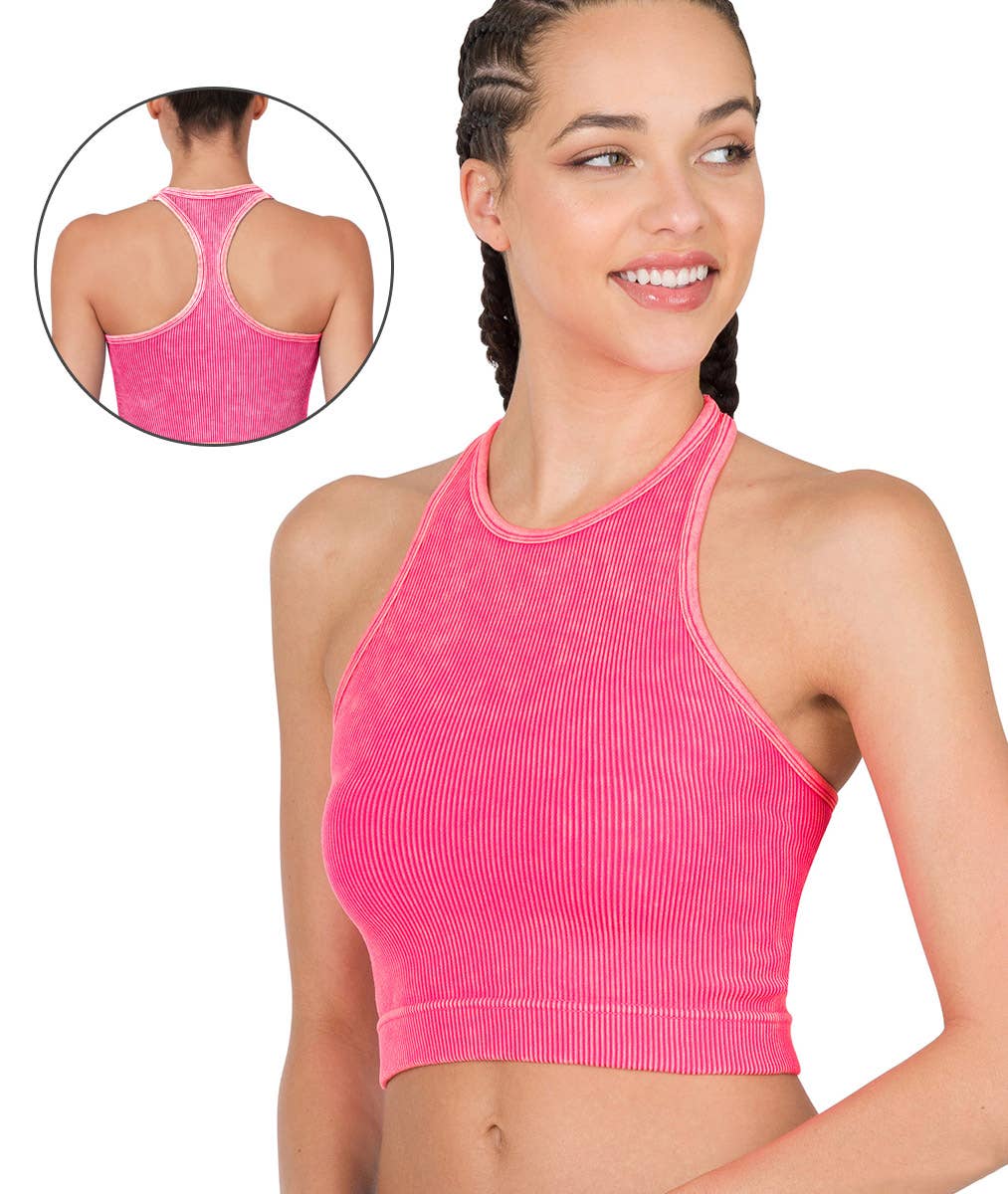 Coral Fuchsia Washed Ribbed Seamless High-Neck Racerback Crop Tank Top