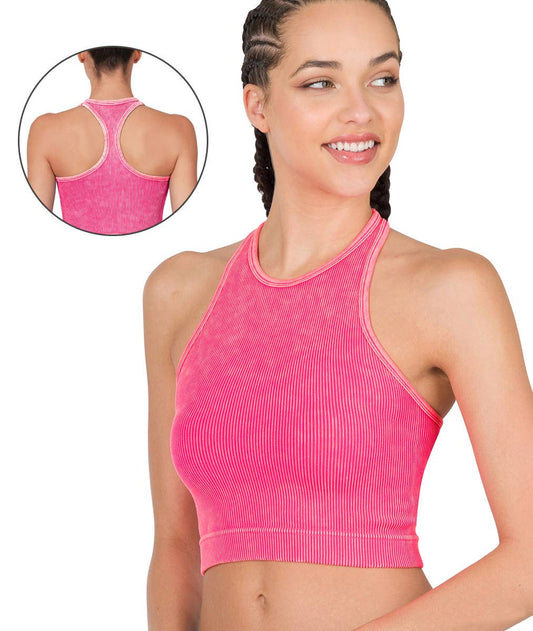 Coral Fuchsia Washed Ribbed Seamless High-Neck Racerback Crop Tank Top